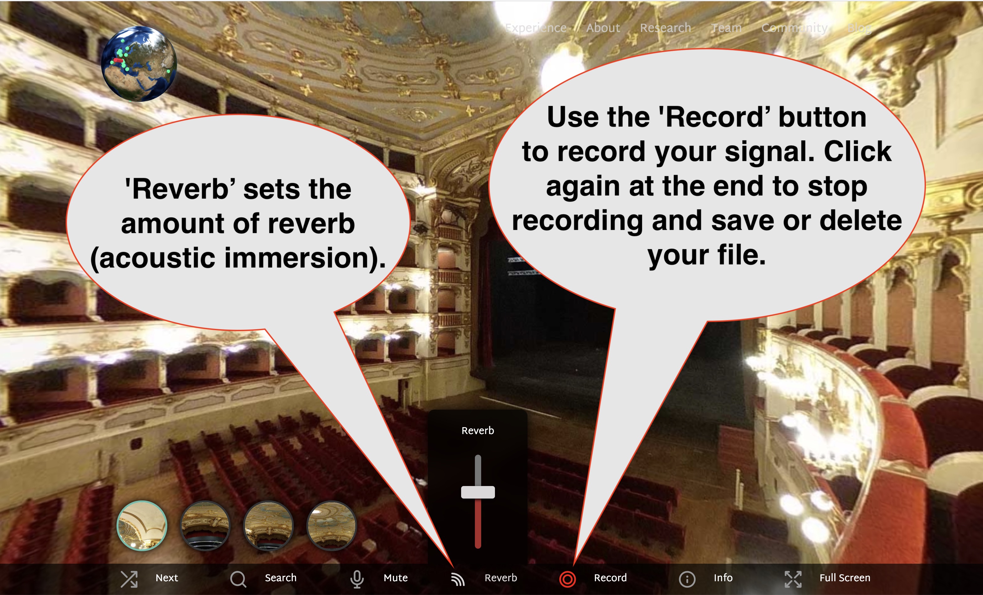 use the 'reverb' button to adjust the amount of reverb you will hear and use the 'record' button next to it to record your voice. after your are done you will have the option to save or delete the recording to your own device