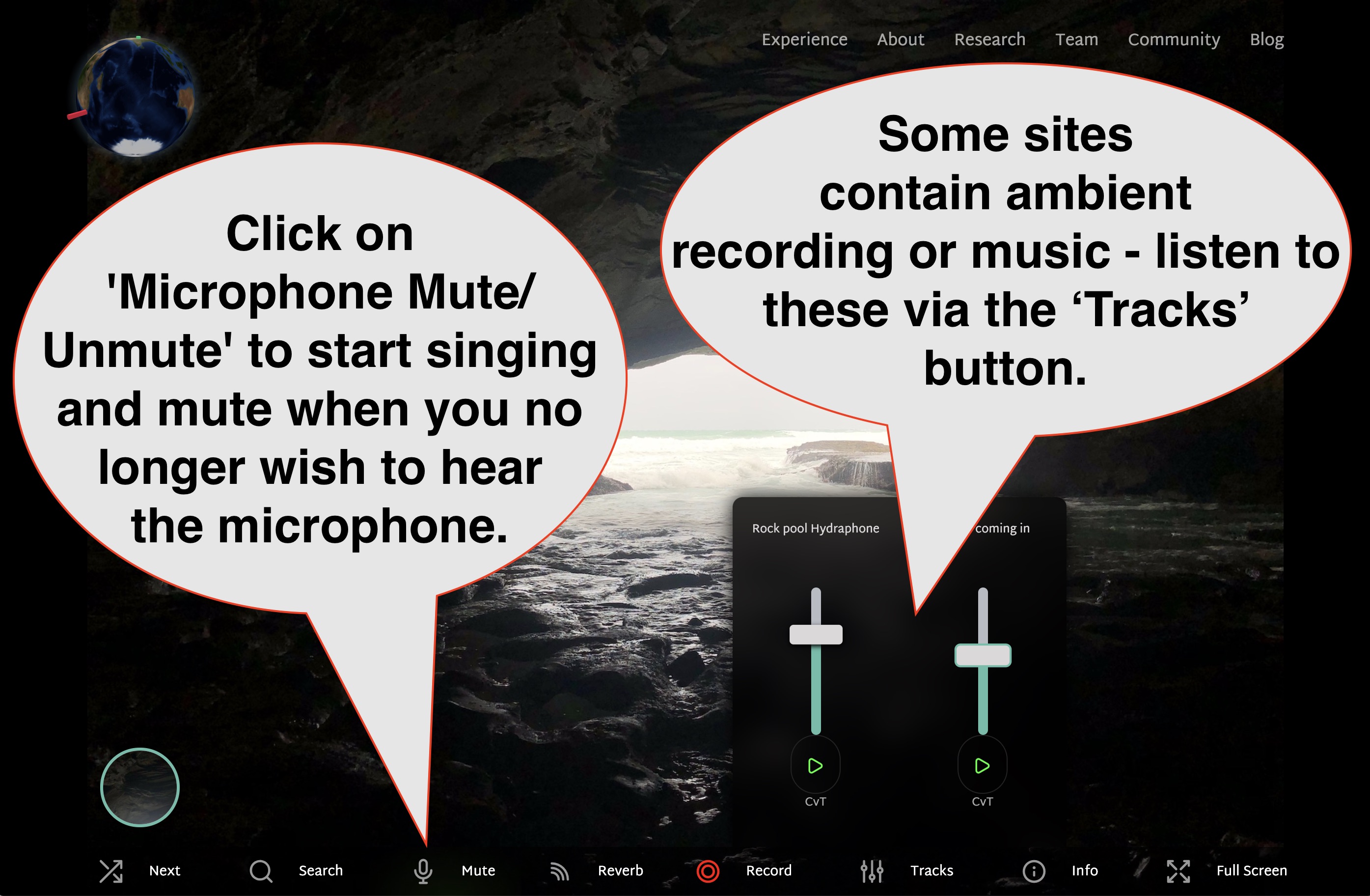 further explanations of bottom crontrol strip: click on the 'mic' icon to mute or unmute the microphone and next to it. Some sites also contain ambient recording or music tracks, click on the 'tracks' icon to listen and set the volume