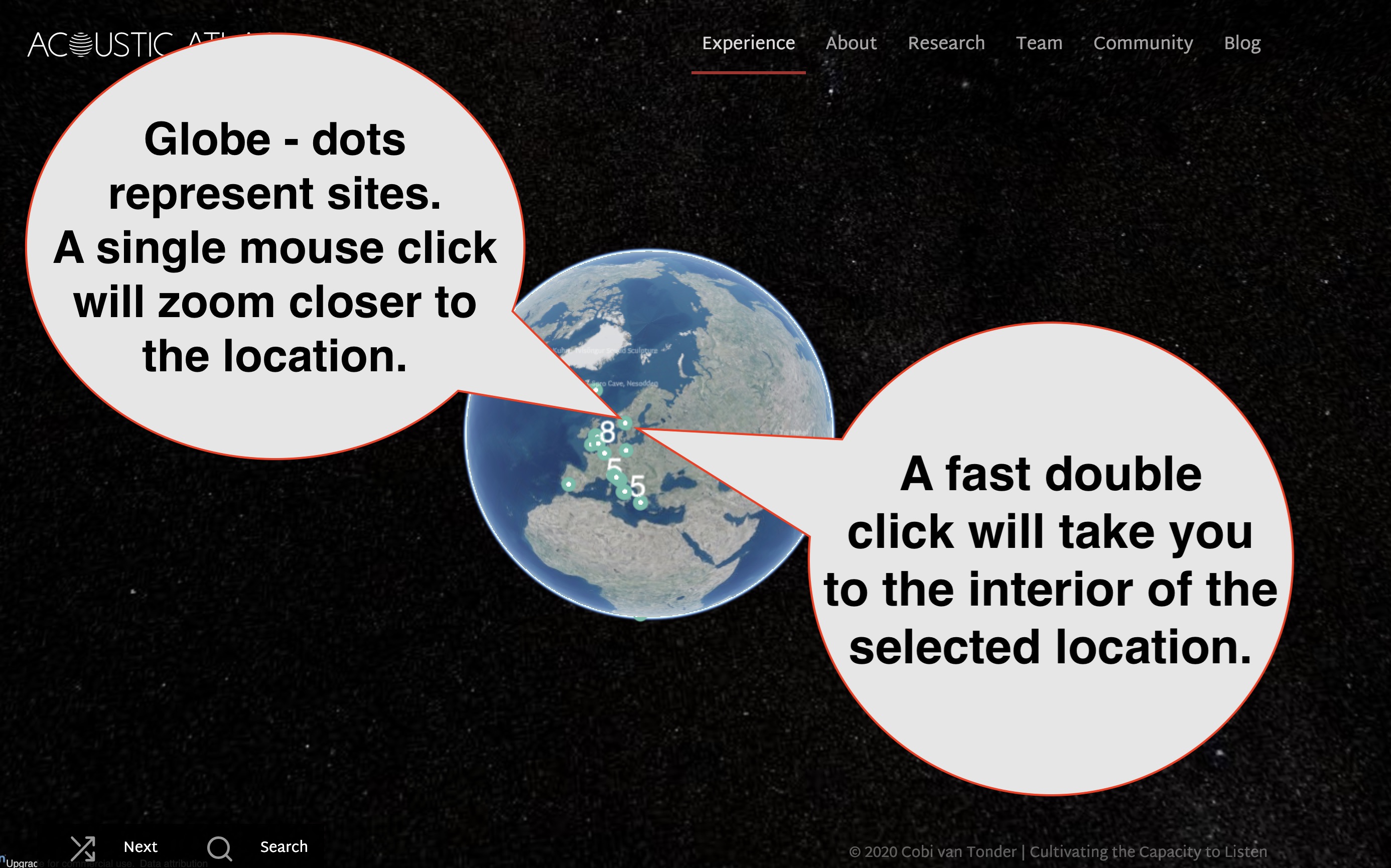 earth globe controller with dots representing locations and instructions to single click or zoom to go closer and fast double click to enter a site