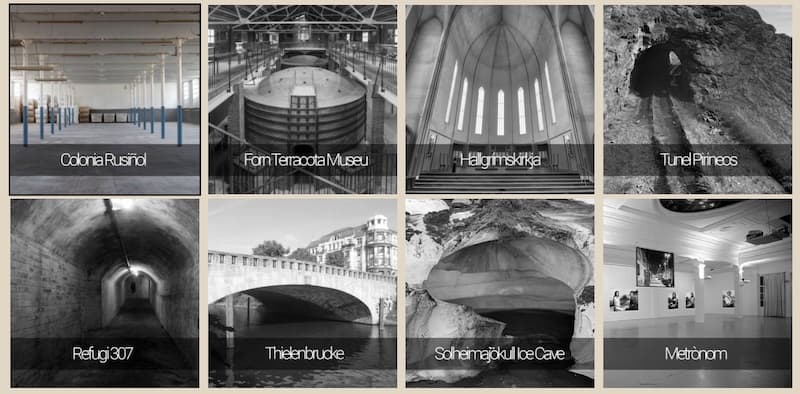 A collage of acoustic sites including a cave