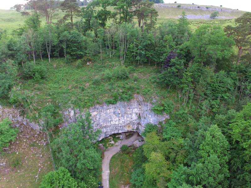 An arial view displaying the Ingleborough Cave entrance from the sky.