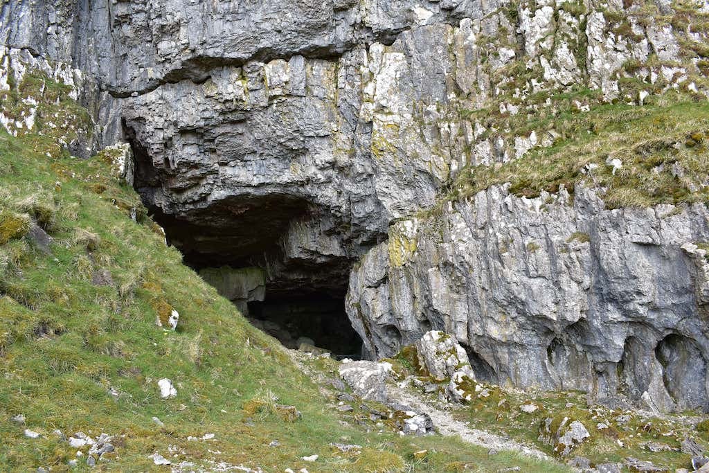 A gray-rock cave with a barely visible opening set over green grass.