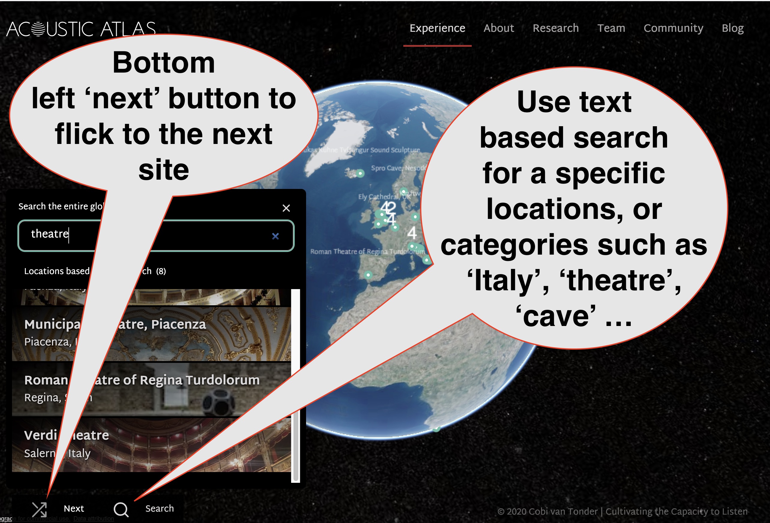find the 'next' button in the bottom left to flick to the next site or use the 'search' button next to it to search via text according to category i.e. theatres or cathedras or caves or location i.e.Italy or Africa